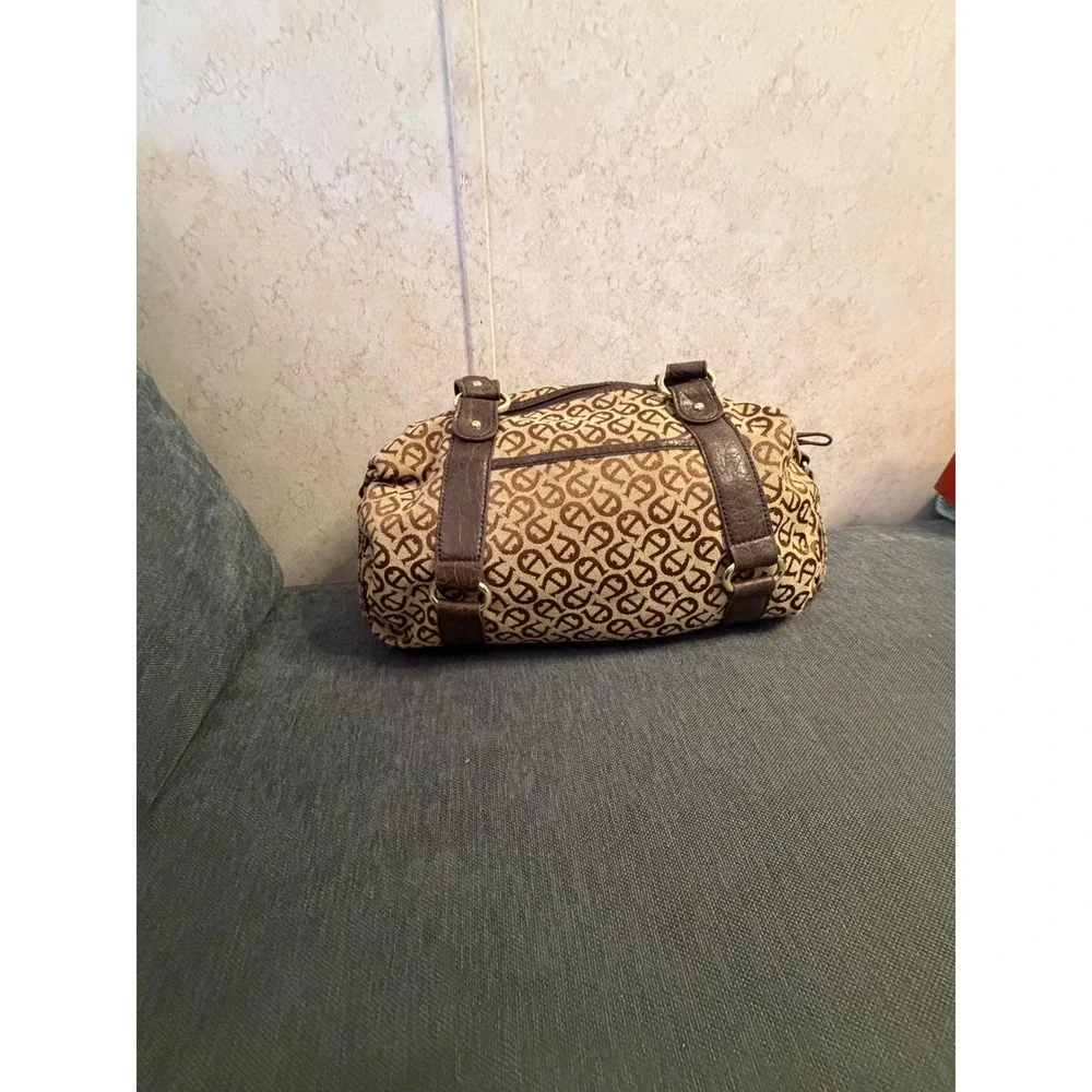 Etienne Aigner Monogram Jacquard Satchel‎ Bag Brown Tan Gold Tone Hardware